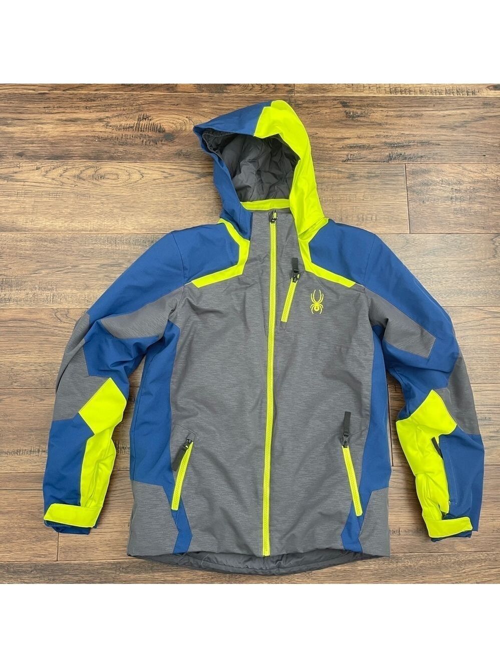 Spyder Leader Kids Ski Puffer Jacket - Gray, Blue, and Neon Yellow size 20